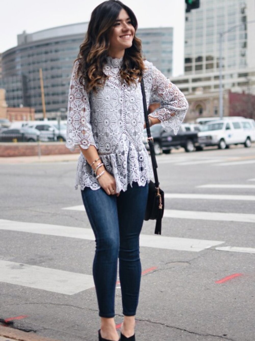 Chicwish Gray Lace Crochet Peplum Blouse Mock Neck Floral‎ 3/4 Sleeve Size M
